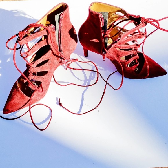 Booties Rust Wine Suede Lace Up Cage Gladiator Heels Sz 9.5 BIANCA DI - Picture 4 of 10